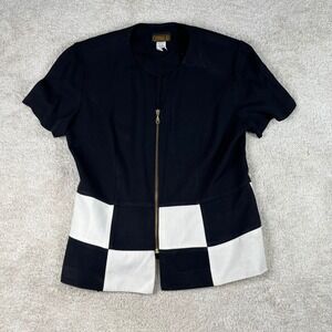 Vintage Virgo II Black White Checkerboard Zip Front Short Sleeve Jacket Size 12